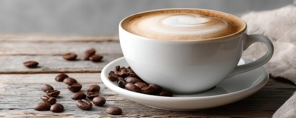 Coffee art latte beside beans on minimalist wooden table concept. A delicious cup of latte coffee with beans on a wooden table.