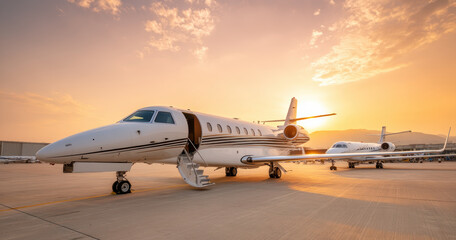 Obraz premium Luxurious private jet parked tarmac during sunset, showcasing sleek design and elegance. warm glow of sun enhances scene