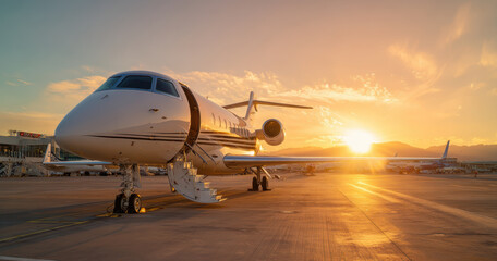 Fototapeta na wymiar Luxurious private jet parked at airport during sunset, showcasing sleek design and vibrant sky colors