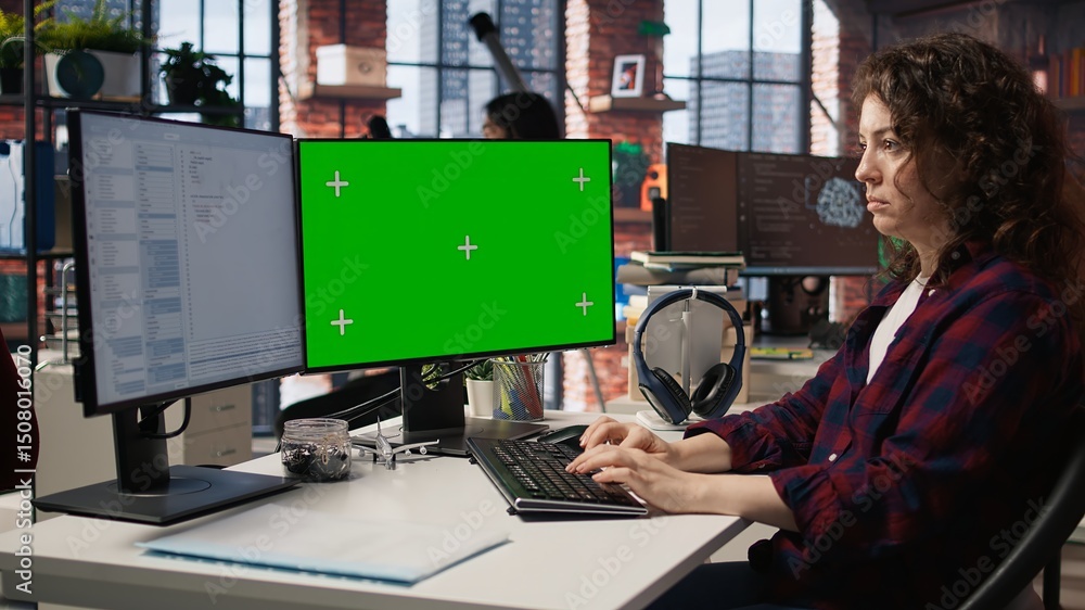 Poster woman coding in ai startup office using mockup pc, building scalable solutions for businesses. ai in