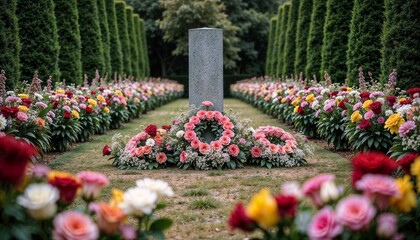 A monument surrounded by brightly colored floral wreaths in a serene garden