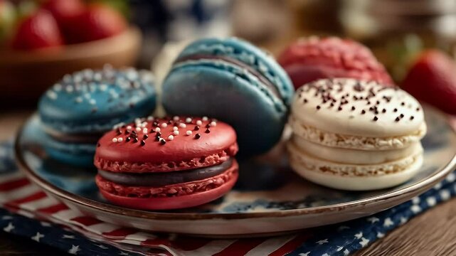 Colorful macarons on plate festive dessert closeup view