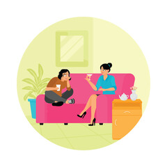 Two Happy Women Sitting on a Comfortable Sofa While Drinking Tea and Gossiping.