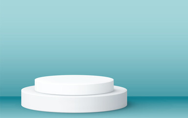 Minimalistic two-tier cylindrical podium in clean white, set against a soft blue gradient background. Ideal for product displays, 3D rendering mockups, and modern design presentations.