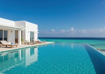 Fototapeta premium Infinity pool at luxury villa overlooking turquoise ocean on sunny day