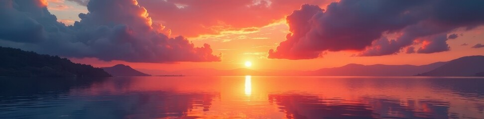 Fototapeta premium Fiery sunrise spills across tranquil waters, painting sky with warm colors, peaceful, sun