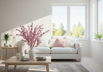 Bright living room with pink blossom arrangement, white sofa, and natural light