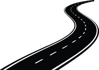A winding black road with dashed white lines curves upward against a white background