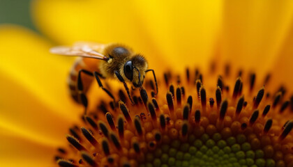 Close-up of a Bee Pollinating on a Vibrant Yellow Sunflower Blossom