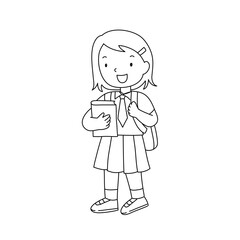 Kids going to school holding book  line art