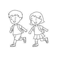 Kids running going to school line art