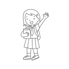Little girl going to school, waving and holding book