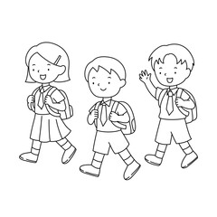 Kids going to school line art