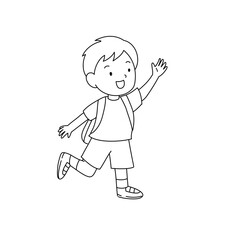 Waving Kids going to school line art