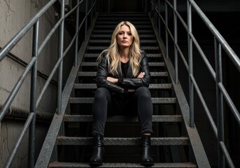 Blonde woman in leather jacket sitting on metal staircase with arms crossed