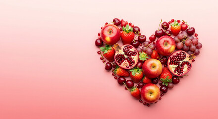 A collection of red fruits such as pomegranates, apples, strawberries, and cherries arranged in the shape of a heart on a pink background