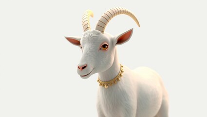 3D Render of Cute White Goat with Horns on White Background &ndash; Cartoon Farm Animal Illustration