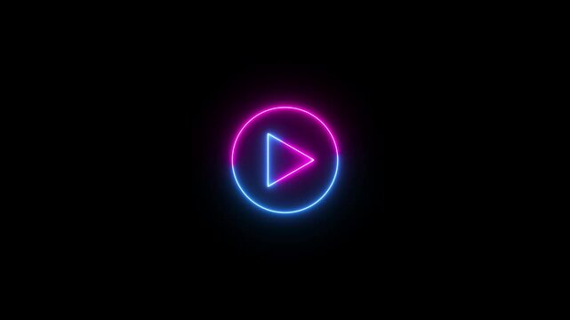colorful play button on black background. Start button. Neon glowing play button. Neon glowing play button with neon circle. Video, audio neon play button icon glowing play button animation.
