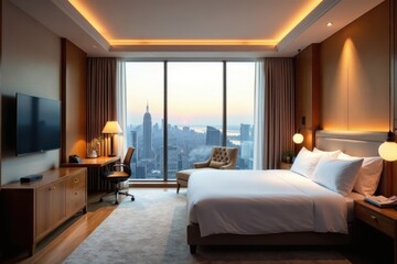 Spacious executive suite, panoramic city view, glass, desk, high-rise