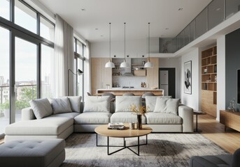 Modern living room with large sectional sofa and open kitchen in a bright apartment