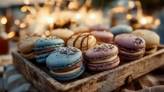 Colorful macarons on rustic wooden tray sweet dessert food photography