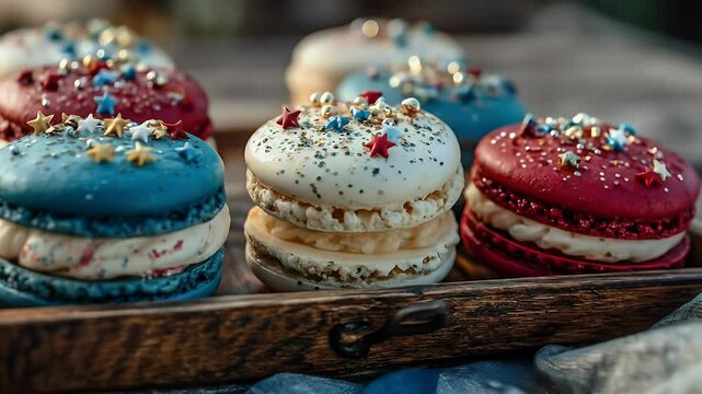 Colorful macarons on rustic wooden tray sweet treats festive dessert