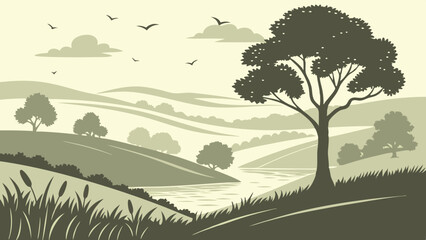 Obraz premium vector illustration of a peaceful landscape