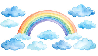 Colorful rainbow in a blue sky with cartoon clouds and sun illustrates nature's colorful weather pattern