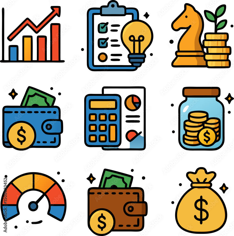 Poster nine financial icons arranged in a grid featuring wallets coins calculator graph and a knight chess 