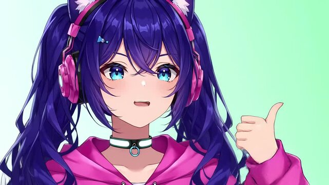 Cute Anime Gamer Girl with Blue Hair, Cat Ear Headphones, Talking and Thumbs Up Animation