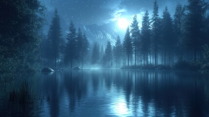 Fototapeta premium Misty forest lake at night