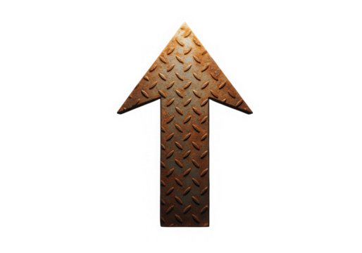 Metal arrow pointing up, textured and rusty isolated on transparent background