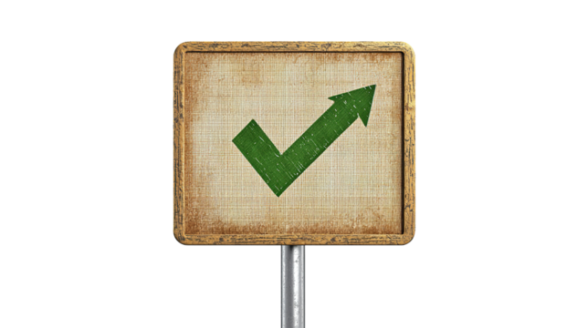 Road sign with check mark and arrow symbol, isolated on transparent background. PNG