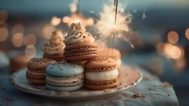 Colorful macarons with sparkler lights festive dessert treats
