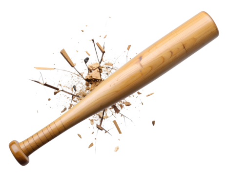 Broken Wooden Baseball Bat with Splinters, Isolated on Transparent PNG