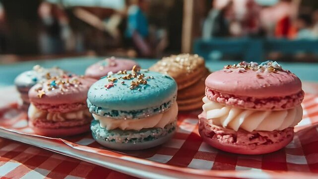 Colorful macarons with sprinkles close up shot of sweet pastries