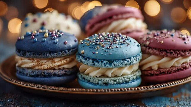 Colorful macarons with sprinkles on metallic plate