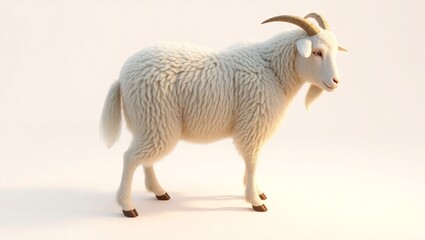 Fototapeta premium 3D Render of Cute White Goat with Horns on White Background – Cartoon Farm Animal Illustration