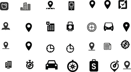 A set of black silhouettes representing different location-based icons, 