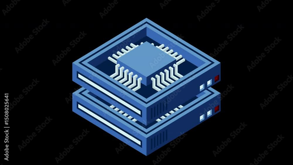 Poster Isometric futuristic server animation. Isometric database or data center. Abstract blockchain. Computer storage. Cloud storage. Transparent background with alpha channel