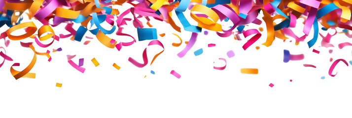 Colorful confetti streamers fall against a black background, creating a festive and celebratory atmosphere.