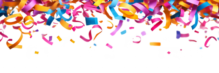 Colorful confetti streamers fall against a black background, creating a festive and celebratory atmosphere.