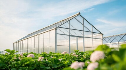 Aesthetic glass greenhouse designed for gardening with a modern touch.