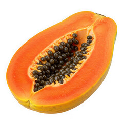 Half cut papaya fruit with seeds isolated on transparent background