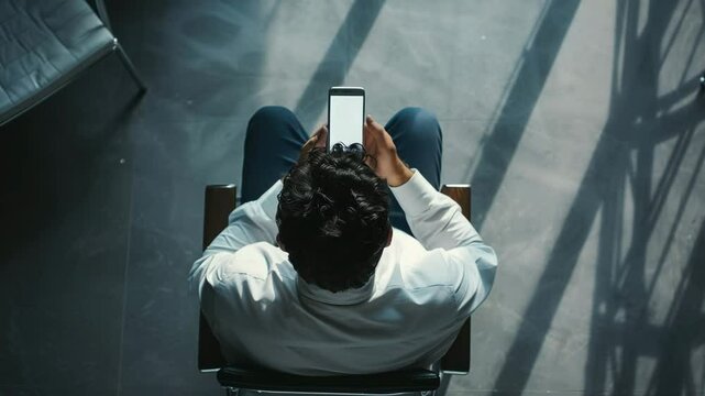 An overhead shot from behind the back of the head of a man sitting looking at his cell phone, showing the full screen in white, in a daytime office, Generative AI Videos.