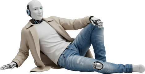 Futuristic Robot Model Posing in Casual Jeans and Coat
