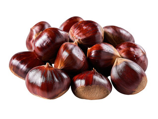 Obraz premium Glossy chestnuts in shell arranged in pile, showcasing their rich brown color and smooth texture, evoking sense of warmth and nature bounty