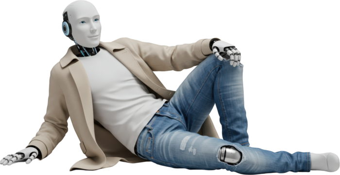 Futuristic Robot Model Posing in Casual Jeans and Coat