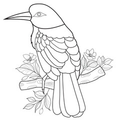 Bird perched on a branch with flowers and leaves