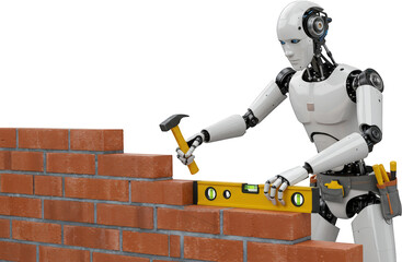 Futuristic Robot Construction Worker Building Brick Wall with Tools